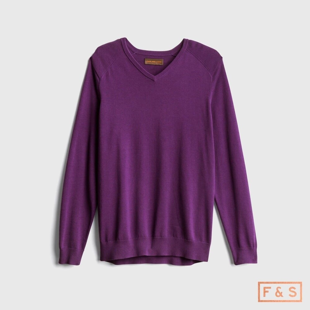 Fairlane & Sons Men Modern Textured Crew Sweater Cotton Modal Purple V Neck SZ S